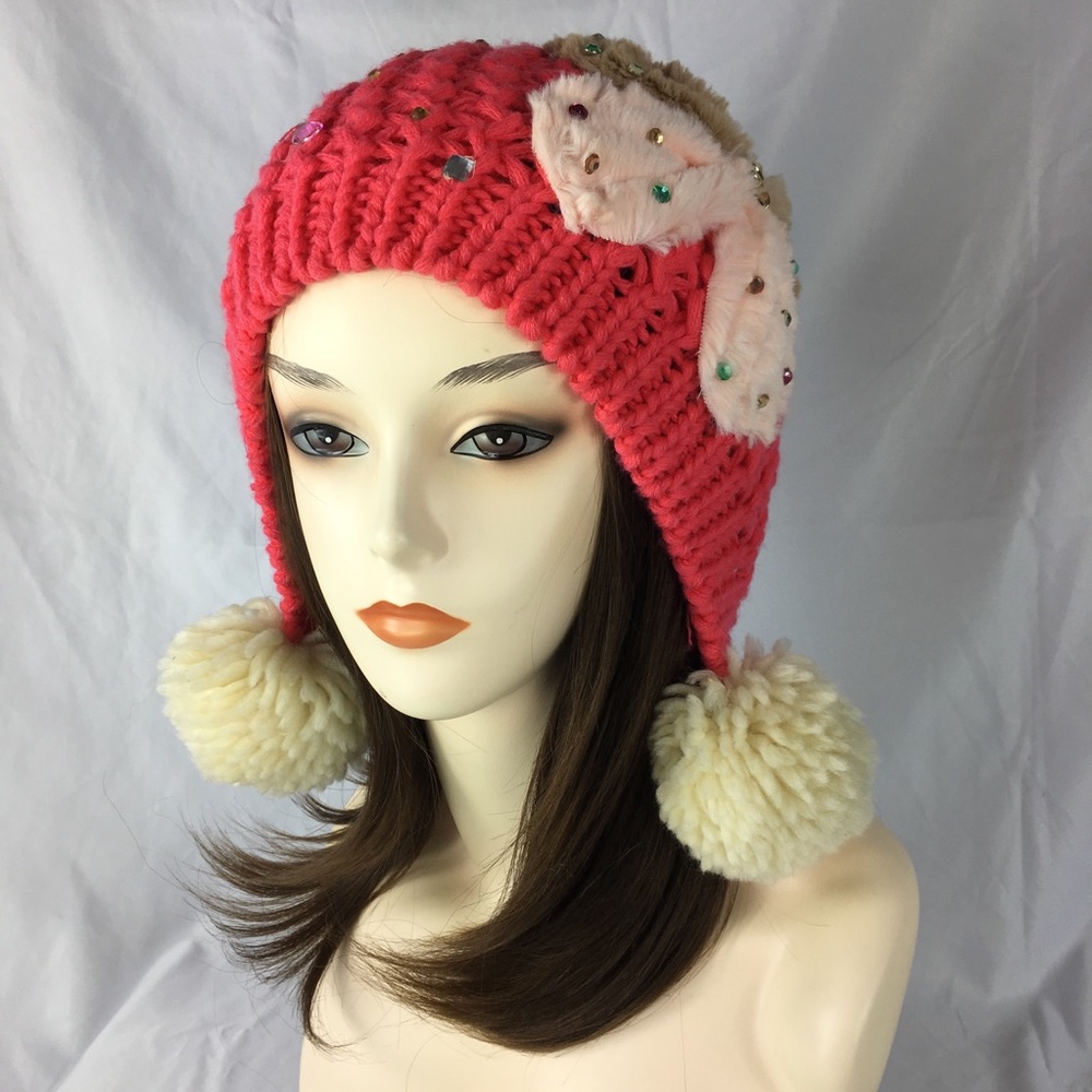 Kawaii Japanese Cable Knit Jewels Pink Beanie Hat